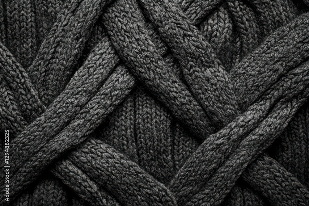 Close-up view of intricate gray knitted fabric detailed soft wool texture
