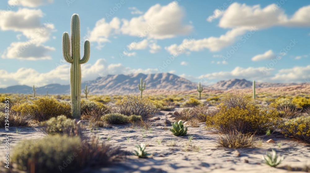 Sunlit Desert Landscape with Cactus and Mountains Sunlit Desert Landscape with Cactus and Mountains