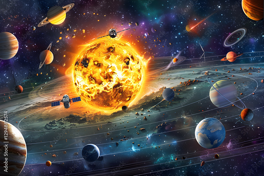Obraz premium A detailed artistic representation of the solar system complete with planets, the sun, asteroid belt, and human spacecraft