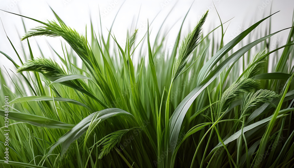 Obraz premium Lush green grass with detailed blades and seed heads, showcasing the intricate textures and vibrant colors of nature. Generative AI