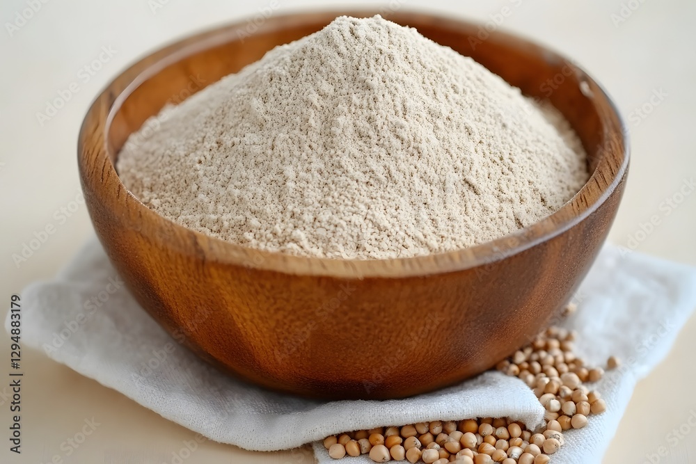 Wooden Bowl of Light Brown Flour and Grains Close Up Wooden Bowl of Light Brown Flour and Grains Close Up