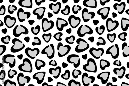 Hand drawn heart shaped leopard print background with monochrome, Transparent black animal print, Happy Valentine's Day