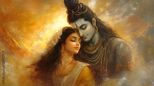 Divine Oil Painting of Lord Shiva and Goddess Parvati in Ethereal Embrace photo