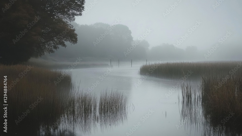 Fototapeta premium Misty Lake Morning: Calm Water Reflections