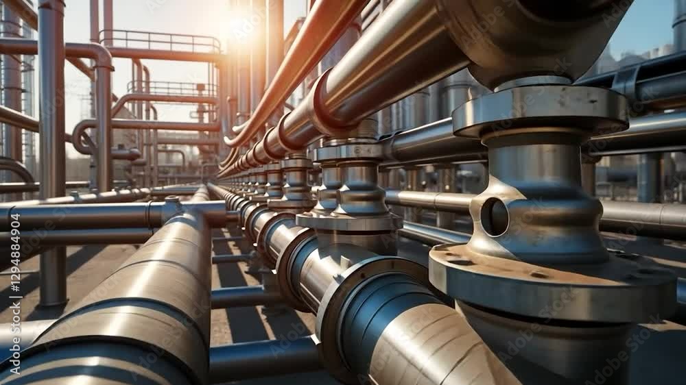 Industrial Piping System at Sunset: A Close-Up View of Complex Metalwork Industrial Piping System at Sunset: A Close-Up View of Complex Metalwork