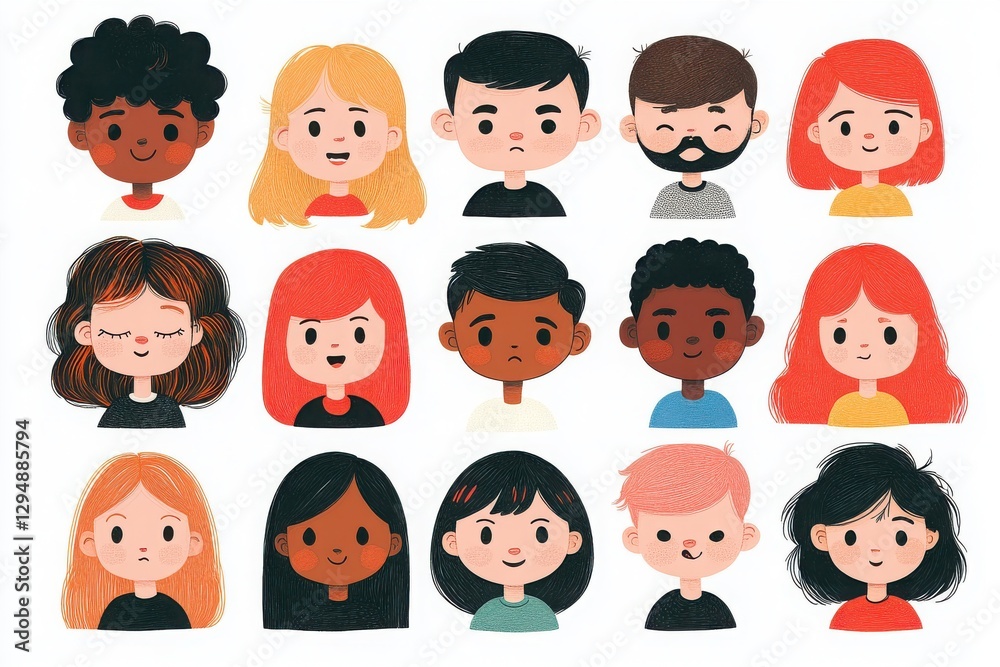 A collection of diverse illustrated faces representing various ethnicities and hairstyles, perfect for design projects. A collection of diverse illustrated faces representing various ethnicities and hairstyles, perfect for design projects.