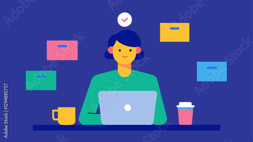 Virtual Meetings An illustration of a professional sitting at a desk with a laptop participating in a video conference surrounded by sticky notes and a coffee mug representing