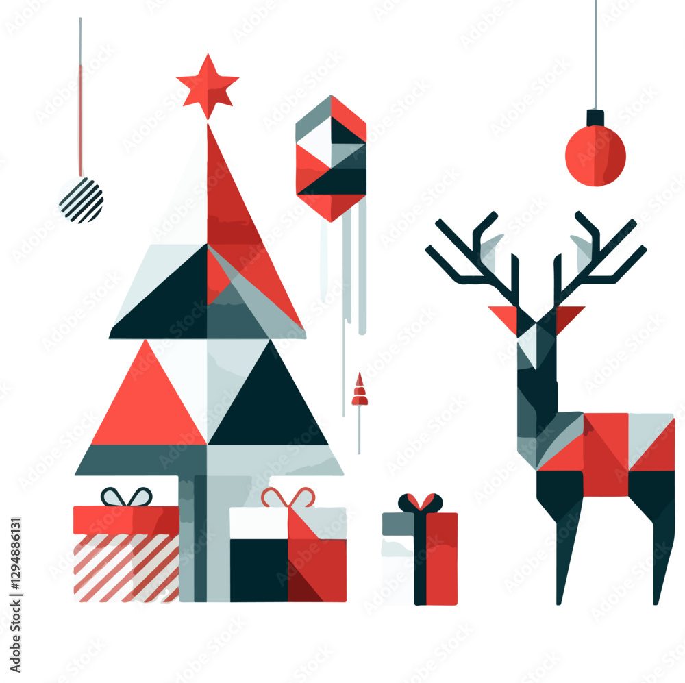 Obraz premium Geometric Christmas Illustration with Tree, Reindeer, and Gifts