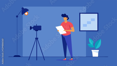Video Production An individual standing in front of a camera set up in a home studio adjusting the lighting while holding a script in hand.