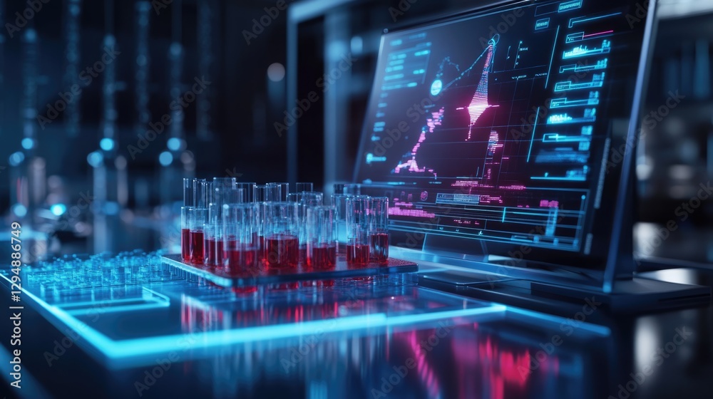 Neon-lit Lab: Red Liquid in Test Tubes, Futuristic Tech Display Neon-lit Lab: Red Liquid in Test Tubes, Futuristic Tech Display