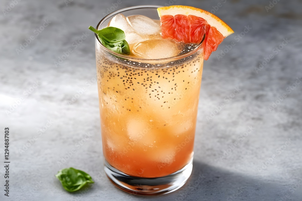 Fototapeta premium Refreshing Grapefruit Chia Seed Drink with Basil Garnish