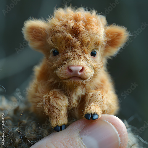 Micro Miniature  Baby Highland Cow on Finger
