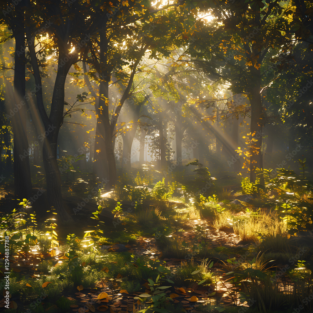 Serene Forest Landscape Bathed in Early Morning Sunbeams Casting a Golden Glow Serene Forest Landscape Bathed in Early Morning Sunbeams Casting a Golden Glow