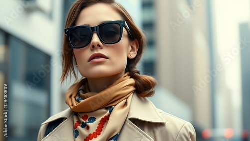 A modern city look with the model wearing oversized sunglasses, a silk scarf tied around her neck, a