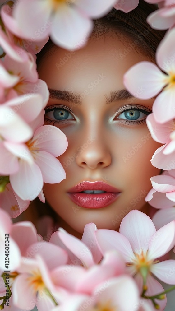 A whimsical close-up of a model surrounded by delicate petals, her face framed by soft blossoms, wit A whimsical close-up of a model surrounded by delicate petals, her face framed by soft blossoms, wit