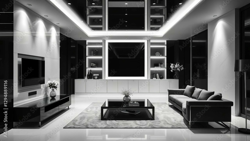 Fototapeta premium A sophisticated black-and-white interior with high-gloss finishes, smart home technology embedded in