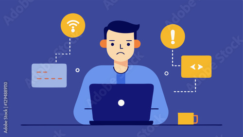 Troubleshooting An administrator with a thoughtful expression is solving a problem shown with a laptop and various error messages on the screen related to blockchain protocols.