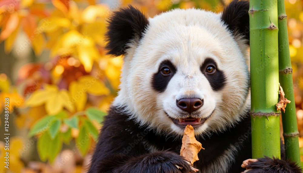Fototapeta premium Panda eating bamboo with autumn leaves in the background 