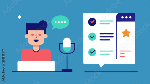 Virtual Feedback Form A splitscreen showing a tester on one side speaking into a microphone and a digital feedback form popping up on the screen filled with notes and ratings.