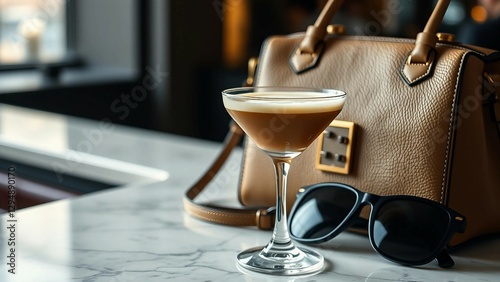 A sophisticated shot of a frothy espresso martini, placed next to a designer handbag and sunglasses