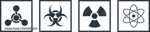 Chemical, biological, radioactive and nuclear icons. CBRN defense signs. Military corps symbols. Set of black square pictograms isolated on a white background. Weapon of mass destruction protection.