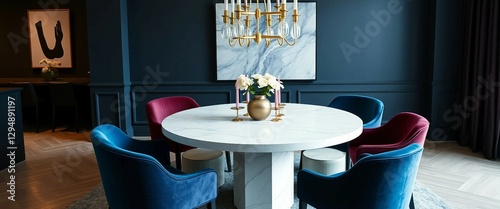 A modern dining area featuring a round marble table, velvet dining chairs in jewel tones, and a stat