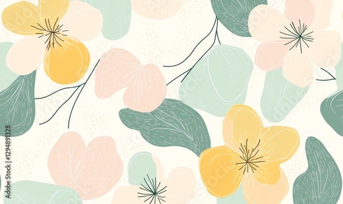Pastel floral pattern with abstract leaves and flowers