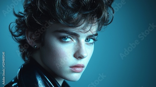 striking studio session features man voluminous mohawk and finely faded undercut. moody background enhances edgy style capturing intense vibe.