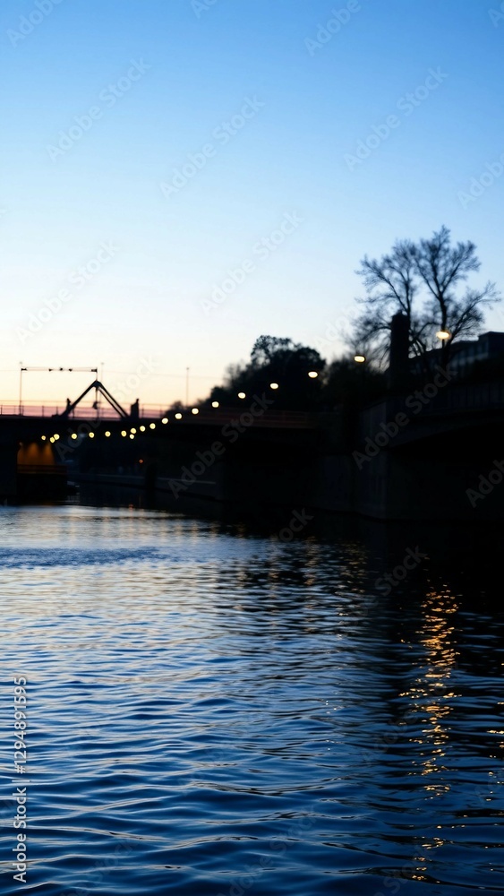 A tranquil riverside at dusk, where a reflective bridge and gently rippling water are bathed in the A tranquil riverside at dusk, where a reflective bridge and gently rippling water are bathed in the