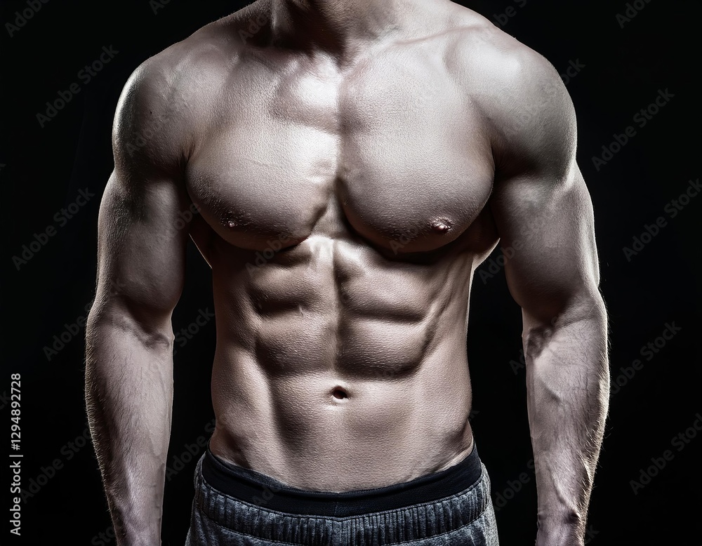 Muscular man showcasing physique in dark background during fitness session emphasizing strength and conditioning Muscular man showcasing physique in dark background during fitness session emphasizing strength and conditioning