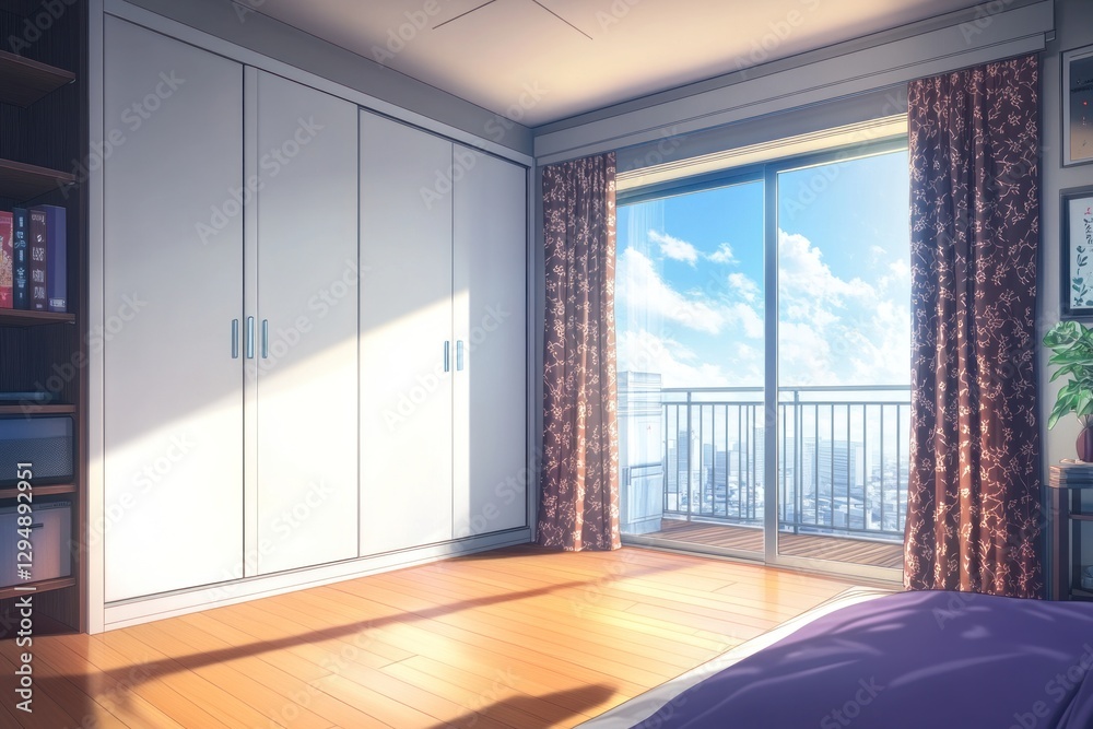 Obraz premium Empty anime bedroom with city view, digital art, interior design, stock photo