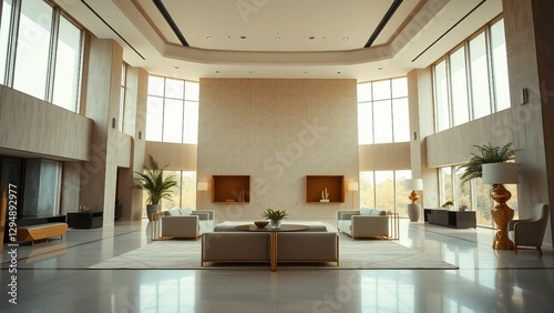 A spacious, high-ceiling interior featuring soft beige tones, gold accents, and elegant geometric fu
