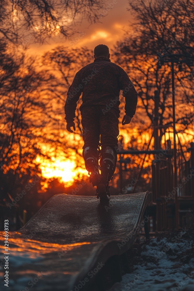 Fototapeta premium Veteran Athlete Training Outdoors at Sunset with Prosthetic Leg