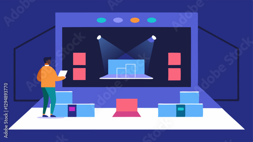 Virtual Stage Design An illustration showing a planner designing a virtual stage layout for a broadcast with different backgrounds and overlays visible on the screen.