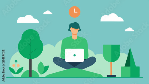 WorkLife Balance An analyst working on their laptop outdoors surrounded by greenery to depict the ideal blend of professional work and environmental surroundings.