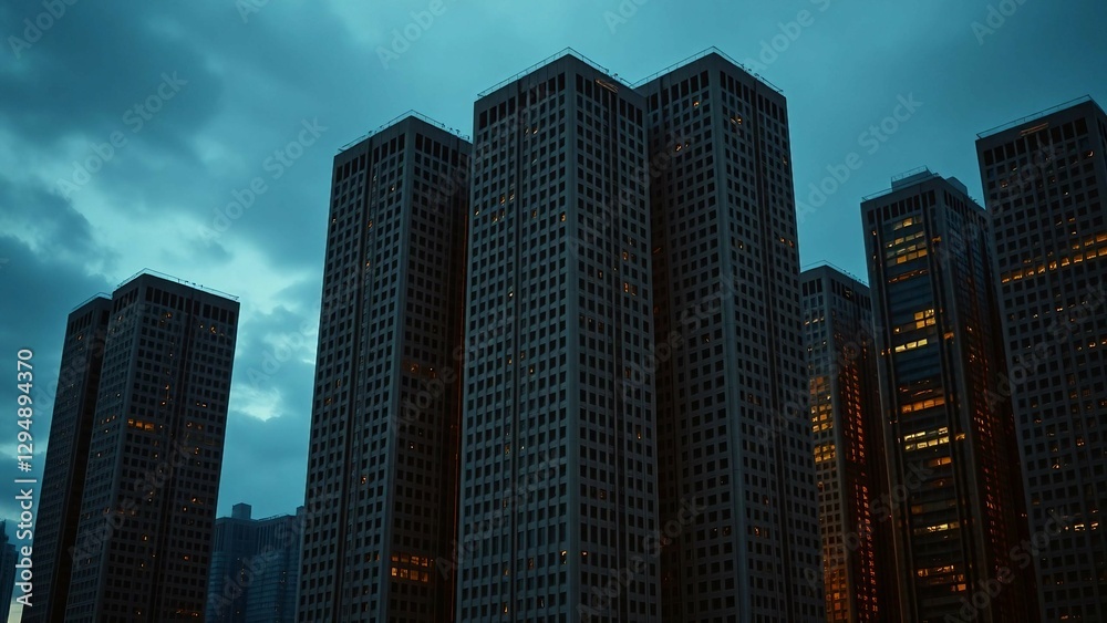 Fototapeta premium A cluster of brutalist towers with grid-like facades, illuminated by soft golden lights against a mo