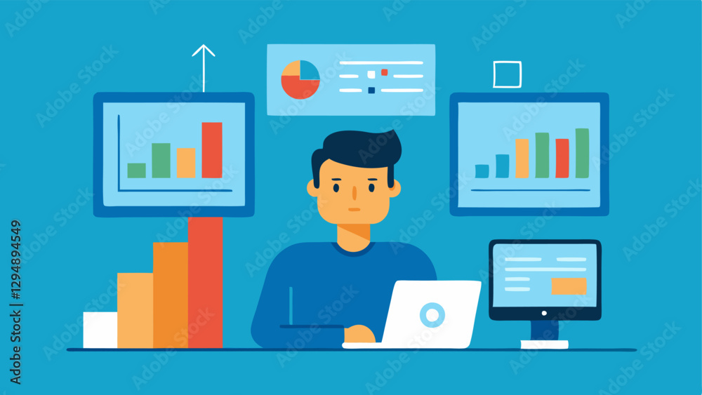 Website Analytics An illustration of a consultant looking at website analytics on multiple monitors with graphs user stats and conversion rates depicted.