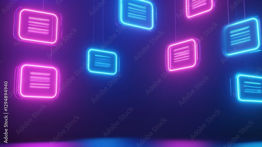 Floating glowing message bubbles in a vibrant social media chat interface at night. Generative AI Floating glowing message bubbles in a vibrant social media chat interface at night. Generative AI