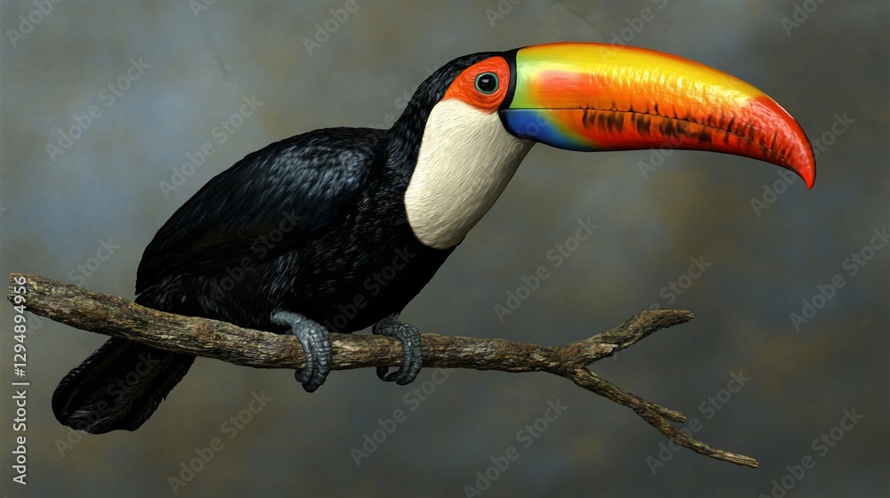 Naklejka premium Toucan perched branch rainforest background illustration