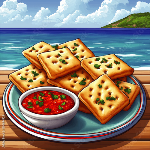 Mouthwatering Crispy Fried Snacks with Spicy Tomato Sauce on a Rustic Beachfront Wooden Table Overlooking the Ocean with Blue Sky and White Clouds Vector Illustration