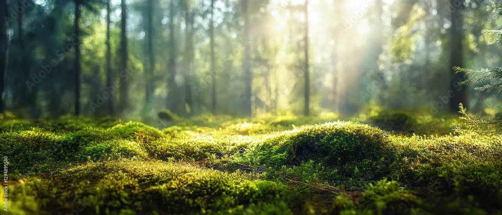 Obraz premium Impressionism Forest Landscape Dappled Sunlight Vibrant Green Moss Ecology Nature Beauty