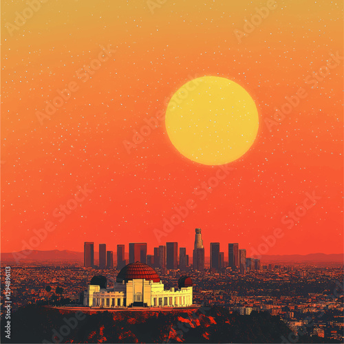 Stunning Vector Image of Griffith Observatory Overlooking Los Angeles Skyline at Sunset with Vibrant Orange and Yellow Sky and Distant Skyscrapers