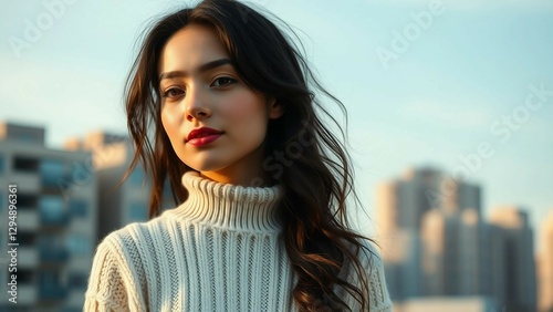 A portrait of a young woman in a cream knit sweater, standing against a soft blue sky with urban bui