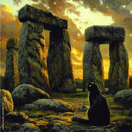 Mysterious Black Cat at Stonehenge during Golden Sunset - Enigmatic Vector Art of Ancient Stone Circle and Cat Silhouette in Tranquil Twilight Scene