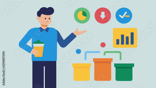 Waste Management Strategies An expert explaining proper waste sorting and recycling ods using a colorful infographic as a visual aid.
