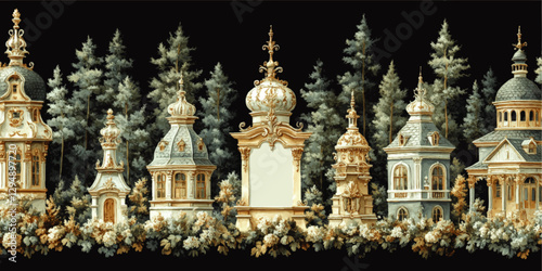 Intricate Baroque Architectural Fantasy Vector Art with Ornate Buildings Amidst Lush Forest and Decorative Elements for Design Inspiration