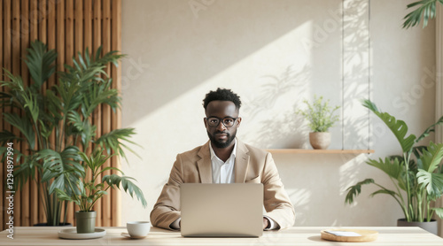 focused professional man in a tan suit works on his silver laptop at a wooden desk