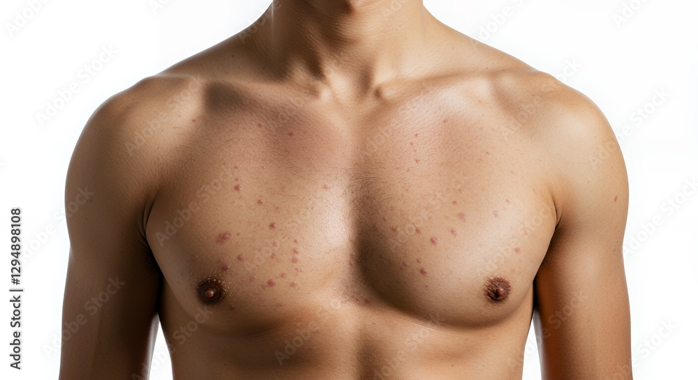 Close Up of Man's Chest with Multiple Red Spots on Light Skin Against White Background Close Up of Man's Chest with Multiple Red Spots on Light Skin Against White Background