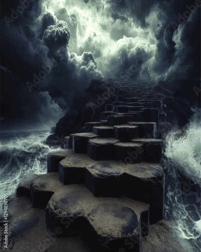 Dramatic Vector Art of Hexagonal Basalt Rock Formation by Ocean Waves With Dark Stormy Sky, Artistic Depiction of Giant's Causeway Natural Phenomenon