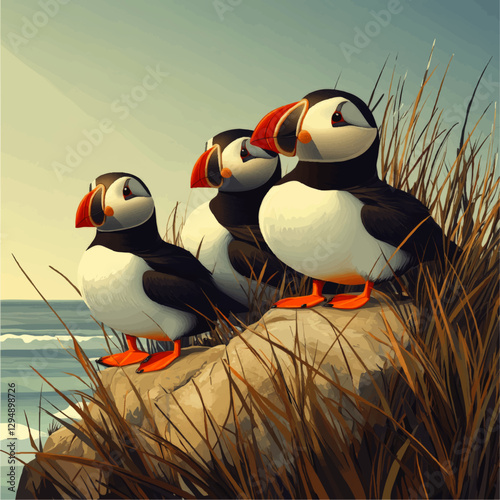 Majestic Atlantic Puffins Gathering on Rocky Coastal Cliffs at Sunset Vector Art | Stunning Wildlife Illustration of Seabirds with Vibrant Colorful Beaks and Ocean Scenery